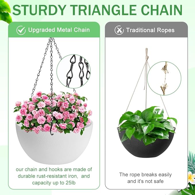 10 inch Hanging Planters for Indoor Plants, 2 Pack Planters for Outdoor Plants with Drainage Holes and Chain, Round Plastic Hanging Baskets, Hanging Flower Pots for Balcony Garden Decor-White HIGSEEU