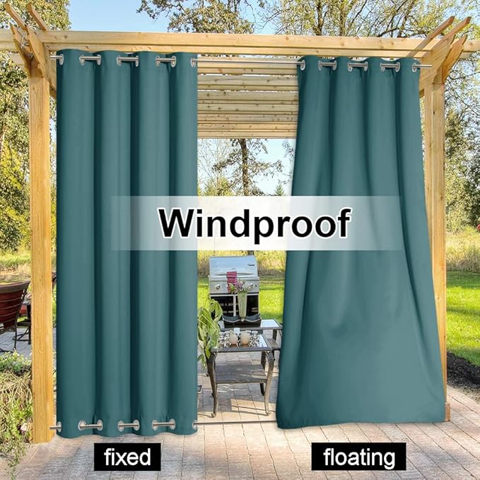 NICETOWN 2 Panels Outdoor Curtains for Patio Waterproof & Windproof, Thermal Insulated Rustproof Top and Bottom Grommet Blackout Outdoor Curtain Drapes for Pergola, W52 by L95, Teal NICETOWN