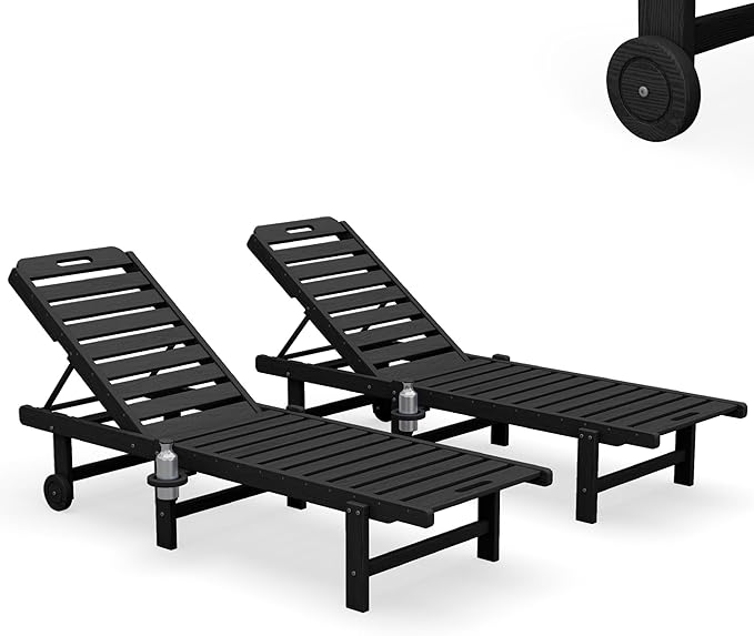 SERWALL Outdoor Chaise Lounge Set of 2, All-Weather HDPE Pool Lounge Chairs with 5-Position Adjustable Reclining Backrest, Rolling Wheels & Cup Holder for Poolside, Black SERWALL