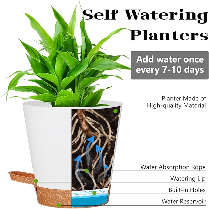 12+12Inch 2Pack Large Flower Pots for Indoor/Outdoor Plants,Self Watering Planters with Reservoir and Drainage Hole White Plastic Planting Pots Modern Home Decor Gift Idea SESUN-E