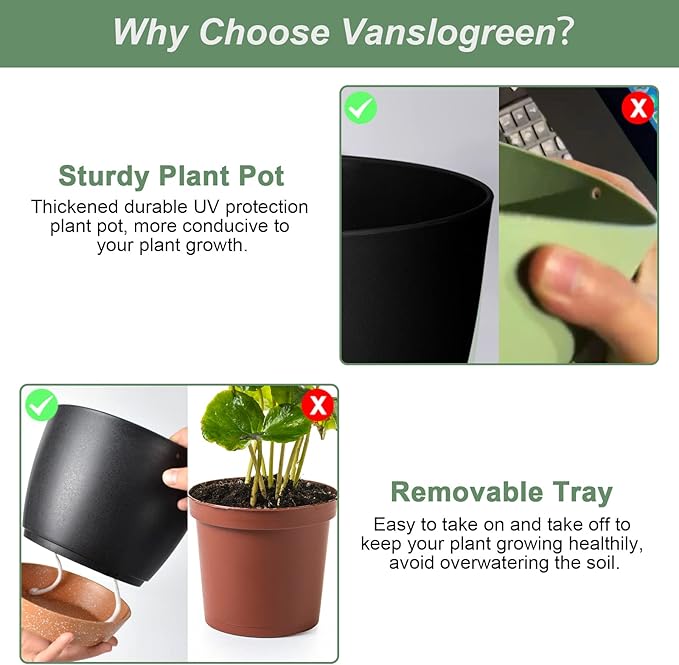 Planters for Indoor Plants 3 Pack, 10/9/8 Inch Self Watering Flower Pots with Drainage Hole, Plastic Large Plant Pots (Black) Vanslogreen