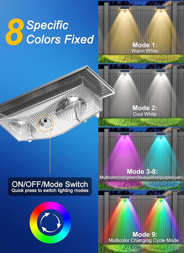 Solar Fence Lights, Fence Light Solar Powered with 6 RGB Colors & Warm White & Cool White, Waterproof Bright Backyard Fence Solar Outdoor Lights for Outside Deck Wall Step Patio Pool(12 Packs) CREPOW