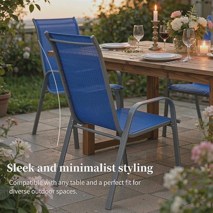 MAMIZO Patio Dining Chairs, Stackable All Weather Teslin Chair, Heavy Duty Outdoor Breathable Chairs Set, w/Armrests, Upgraded Chair FeetW/Strenthened Iron Spacers, 330 LBS (4, Navy Blue) MAMIZO