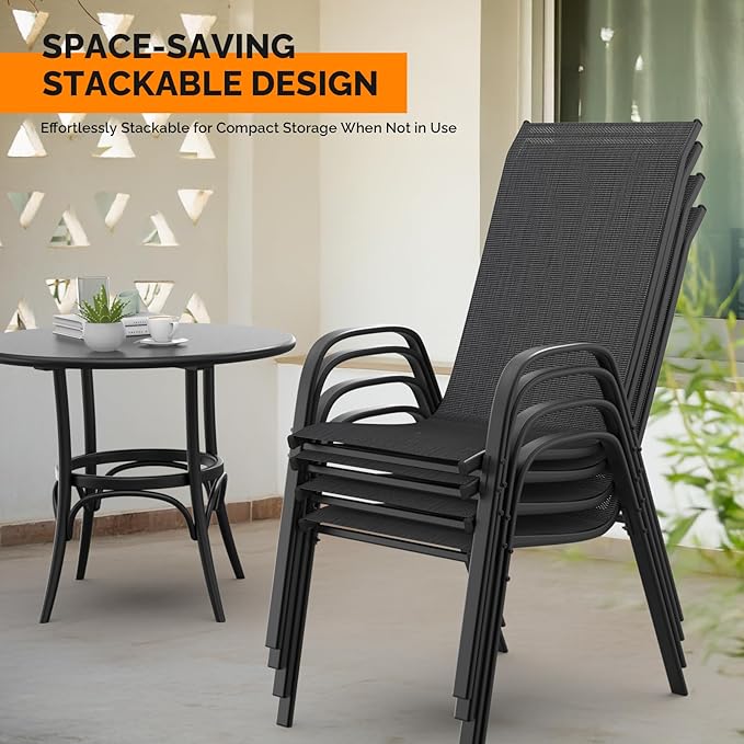 VINGLI Patio Chairs Set of 8 – Stackable Outdoor Dining Chairs with Comfortable Sling High Back Chairs and Armrests for Lawn, Poolside, Courtyard, Balcony, Garden, Black VINGLI