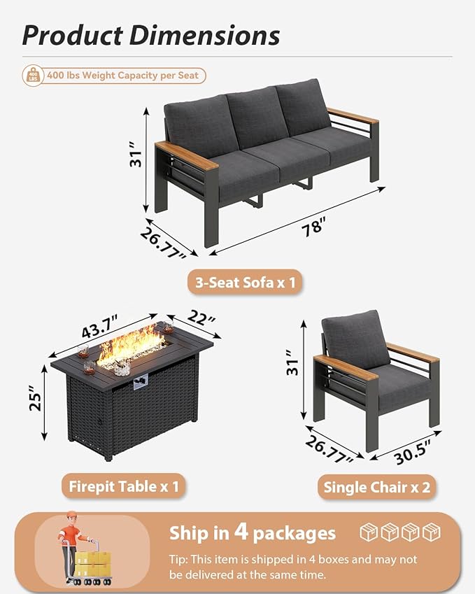 Aoxun Aluminum Outdoor Patio Furniture Set, 5-Piece Outdoor Sectional with 44'' Propane Gas Firepit Table, Patio Conversation Sets with Upgraded Armrests and Cushions for Backyard (Dark Grey,4 Seats) Aoxun
