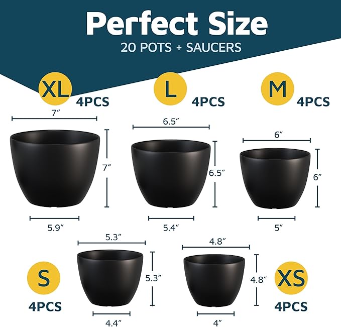 Lifemaster Plant Pots with Multi Drainage Holes - 20 Pieces Versatile, Sturdy Plastic, Stackable Design Home Decor Flower Pots for Indoor and Outdoor Gardening - Black LIFEMASTER