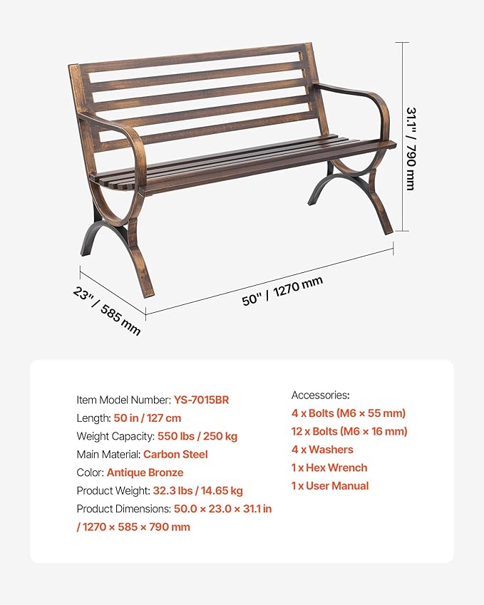 VEVOR Outdoor Bench, 50 inch, Carbon Steel Metal Frame with Slatted Pattern Backrest and Round Edge Armrests, Weatherproof Outside Bench for Patio, Garden, Park, Yard, Front Porch, Antique Bronze VEVOR