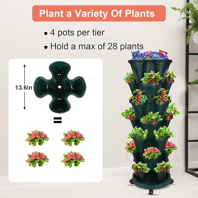 GameXcel Vertical Planter, 7 Tier Stackable Strawberry Planter with Garden Tool Set, Movable Indoor/Outdoor Garden Herb Pot for Growing Vegetables and Succulents, Green GameXcel