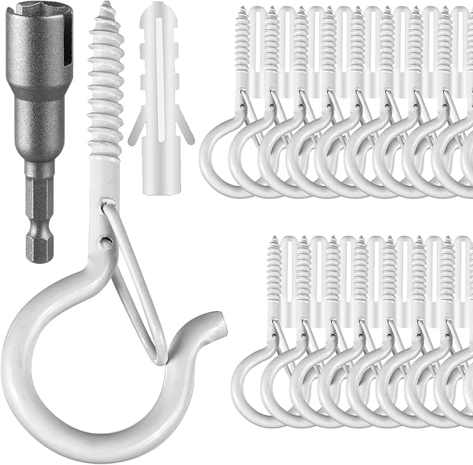 36 PCS Q-Hanger Hooks, Screw Hooks for Outdoor String Lights, Safety Buckle Design Cup Eye Hook for Hanging Christmas Lights, Plants, Mounted on Wall Ceiling, Include 1 Wing Nut Driver, White FSAH