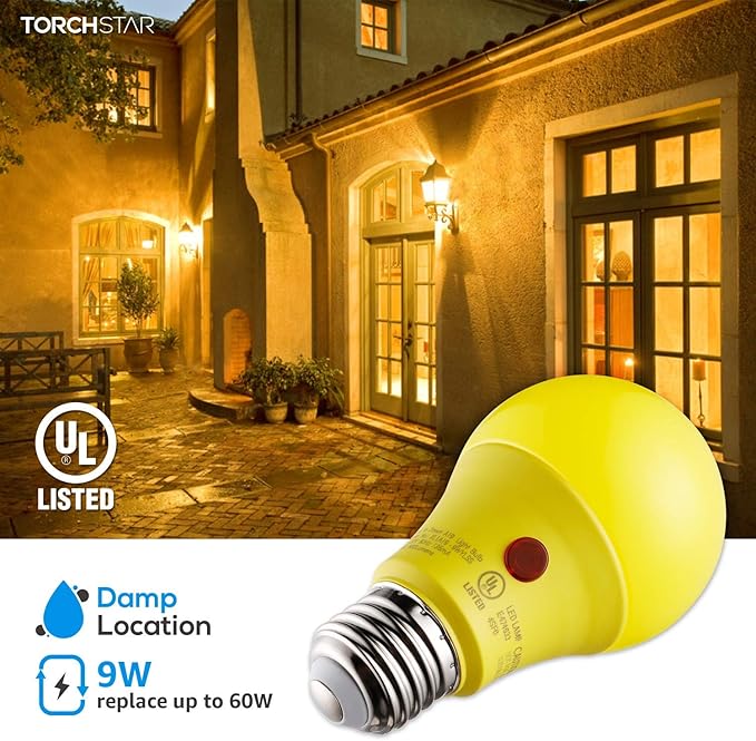 TORCHSTAR Yellow Dusk to Dawn Light Bulbs Outdoor, Sensor A19 LED Light Bulb, Auto On/Off Photocell Automatic for Outdoor Lighting, UL FCC DOE, 2700K, Pack of 4 TORCHSTAR