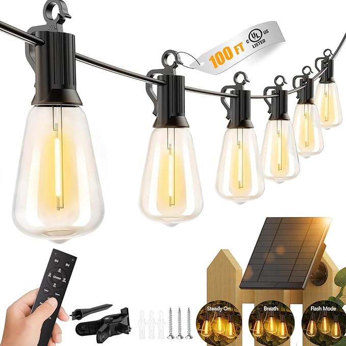 Brightown 100FT Solar String Lights Outdoor Waterproof with Remote, 31+2 LED Shatterproof Bulbs, Dimmable & Timable, 3 Light Modes - Commercial Grade Patio Lights for Garden Backyard Party Decor Brightown