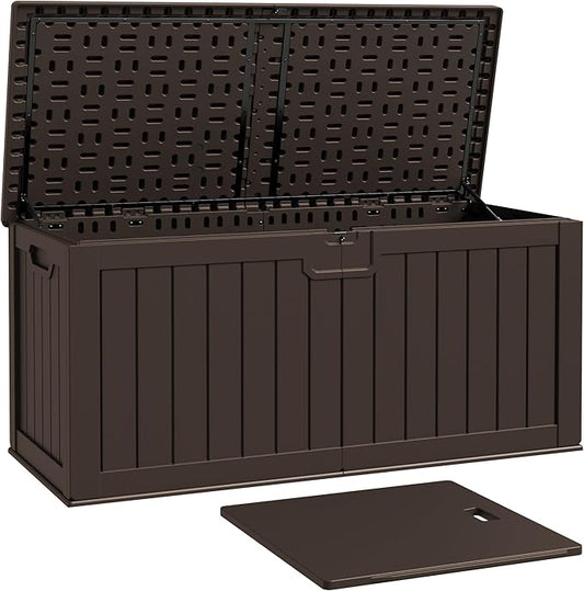 Patiowell 240 Gallon Large Outdoor Storage Box, Waterproof Deck Box with Fixed Divider, Lockable and Durable Patio Storage Solution for Patio Furniture and Garden Tools (Brown) Patiowell
