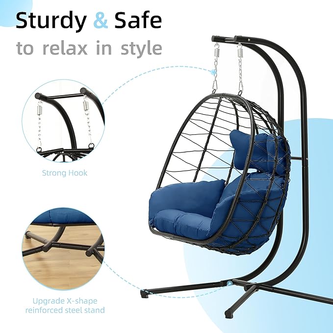 Double Egg Chair with Stand Hammock Swing Chair Foldable Hanging Loveseat, UV Resistant Removable Cushions, 700LBS Capacity for Bedroom, Balcony, Garden(BK-BL) DoubleTT