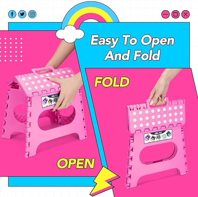 Delxo Folding Step Stool,11 Inch Non-Slip Foldable Step Stools for Kids and Adult,Portable Lightweight Small Folding Stool with Handle for Kitchen Bathroom in Pink,1 Pack Delxo