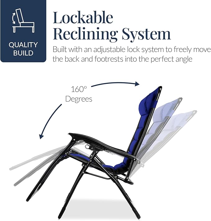 Best Choice Products Oversized Padded Zero Gravity Chair, Folding Outdoor Patio Recliner, XL Anti Gravity Lounger for Backyard w/Headrest, Cup Holder, Side Tray, Polyester Mesh - Blue BestChoiceProducts