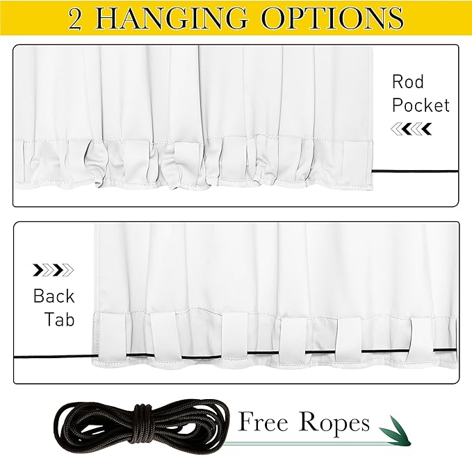 NICETOWN 2 Panels Outdoor Curtains Waterproof Fixed Grommet/Back Tab on Top & Bottom, Thermal Insulated Windproorf Sun Blocking Outdoor Drapes with Rope for Patio/Gazebo, W52 x L84, Pure White NICETOWN
