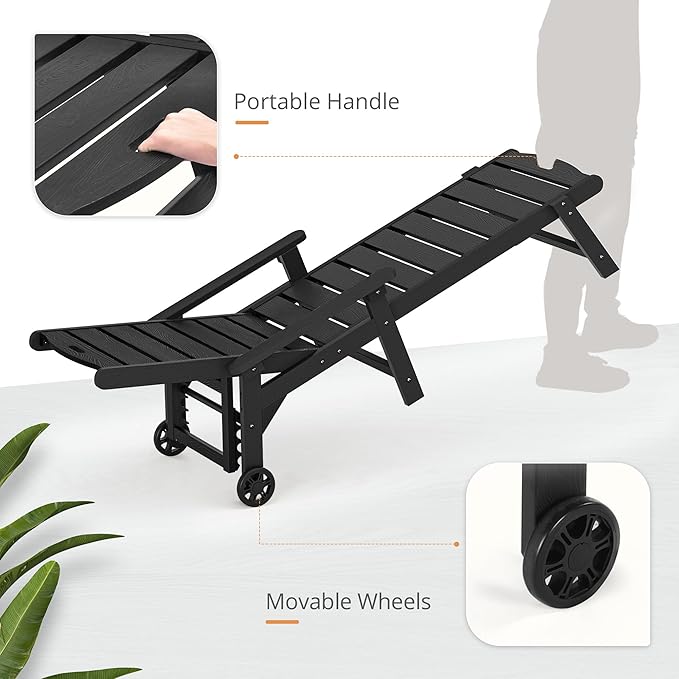 LUE BONA Outdoor Chaise Lounge, HDPS Chaise Lounger, 5 Positions Adjustable Lounge Chairs, Pool Lounge Chair with Wheels for Poolside, Backyard, Black LUEBONA