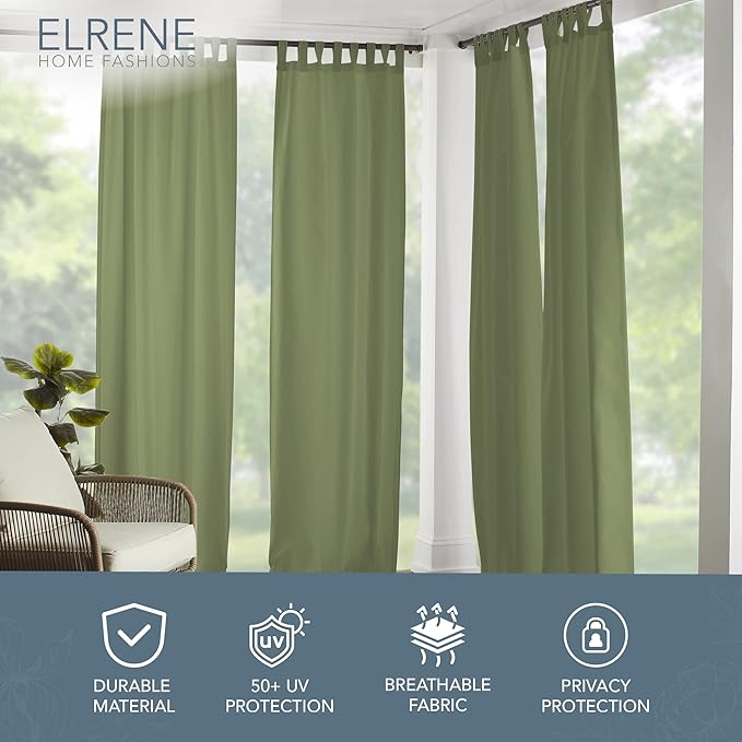Elrene Home Fashions Matine Weatherproof Tab-Top Indoor/Outdoor Solid Color Curtain Panel for Porch, Pergola, Patio, Deck, 52”W x 95”L, Green ElreneHomeFashions