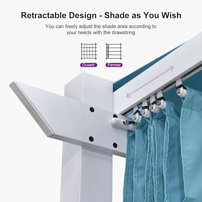 PURPLE LEAF 10' x 10' Aluminum Outdoor Pergola White Wind-Resistant Retractable Pergola with Double Sun Shade Canopy Heavy-Duty Metal Pergola for Patios Backyard Deck Garden, Blue Rootora