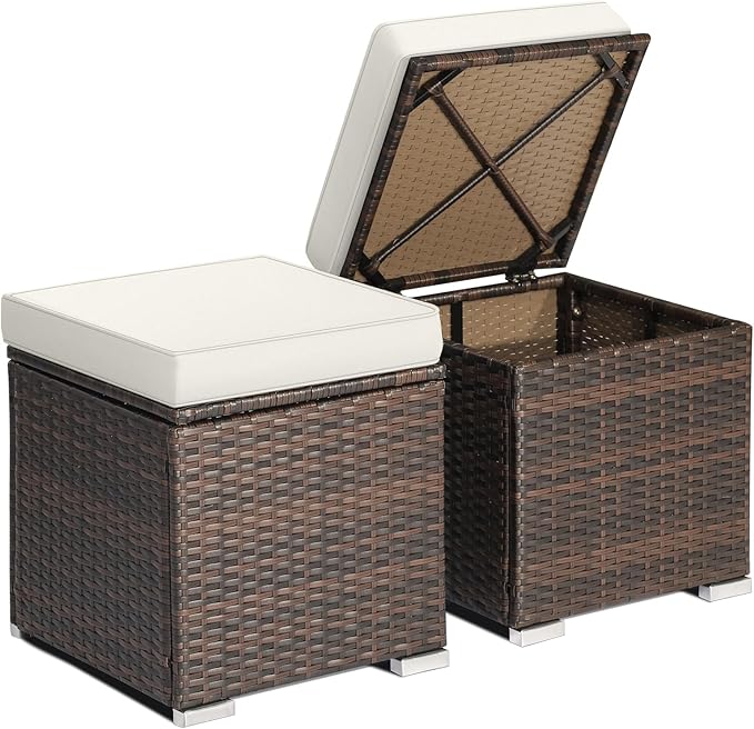 RELAX4LIFE Wicker Outdoor Storage Ottoman, 2-Piece Rattan Footstool w/Removable Cushion, Multipurpose Footrest Stool Side Table Additional Seating, Set of 2 Outdoor Ottomans for Patio Deck (Off White) RELAX4LIFE