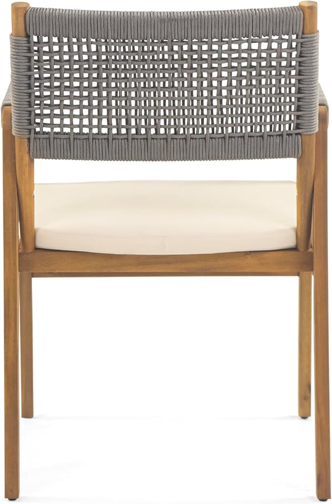 Christopher Knight Home Pasco Acacia Wood Outdoor Dining Table Set for 6, Wicker Patio Dining Set with Acacia Wood Table and Bench, Patio Table and Chair Set with Cushion+Rope Backrest,Brown+Teak+Grey ChristopherKnightHome