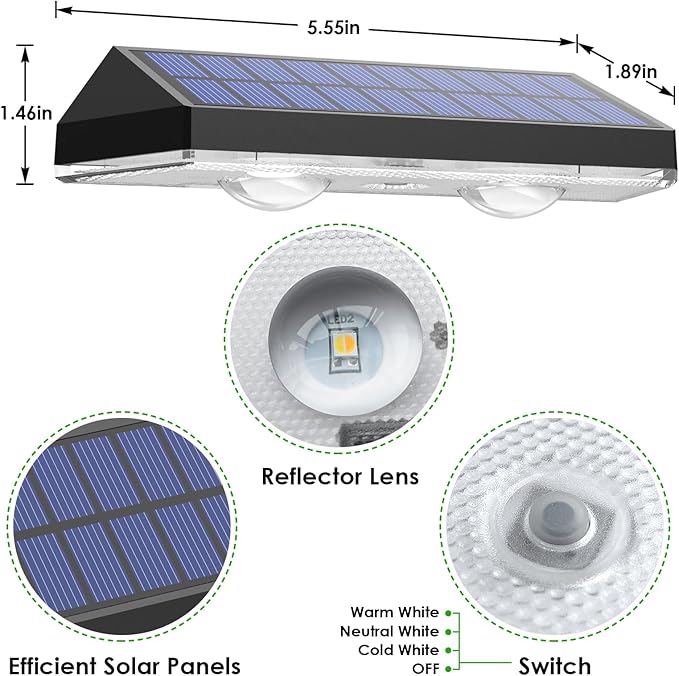 Solar Fence Lights - 2PK Solar Outdoor Light Warm White/Daylight White/Cold White 3 Modes Deck Lights for Outside, Deck Fences, Stair Railings, Pools and Walls LIANGLOME