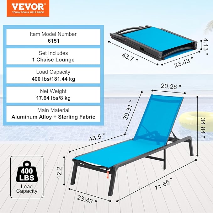 VEVOR Chaise Lounge Chairs Outdoor, Aluminum Patio Lounge Chairs with Adjustable 5-Position, Folding Pool Chair Recliner and Full Flat Tanning Chair for Patio, Beach, Pool, Blue VEVOR
