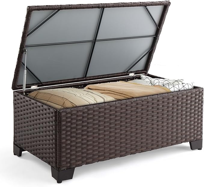 VINGLI Outdoor Coffee Table with Storage, All-Weather Dark Brown Wicker Patio Table for Garden, Balcony, Backyard VINGLI