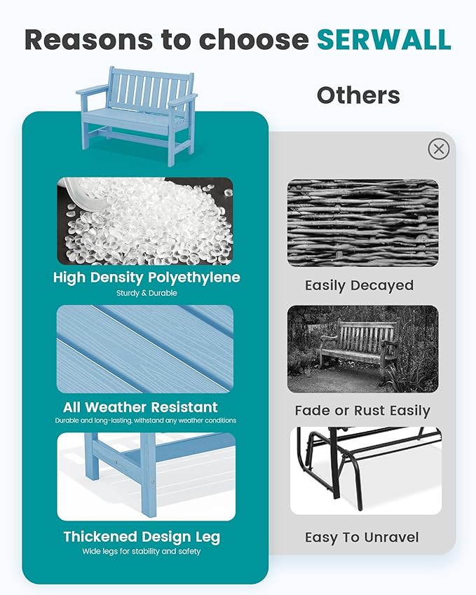 SERWALL Outdoor Bench, HDPE Outdoor Benches Weatherproof, 2-Person Garden Bench with 660 lbs Weight Capacity, Patio Benches for Outdoors, Garden, Porch, Backyard and Park, Light Blue, 4 Pack SERWALL