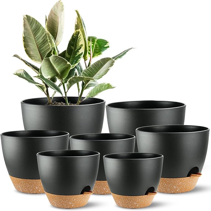 Indoor Pots For Plant Self Watering Plant Pots For Lazy People, 8/7.5/7/6.5/6/5.5/5 Inch,Black Plastic Self Watering Planter For All Houseplants,Succulent, African violets, Flowers And Cactus SESUN-E