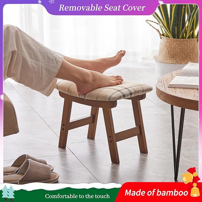 Foot Stool,Ottoman,Bamboo Small Sofa Foot Rest Under Desk,Extra Seating for Living Room, Bedroom and Kitchen (Brown Stool Legs - Stripes Surface) Kitsanery