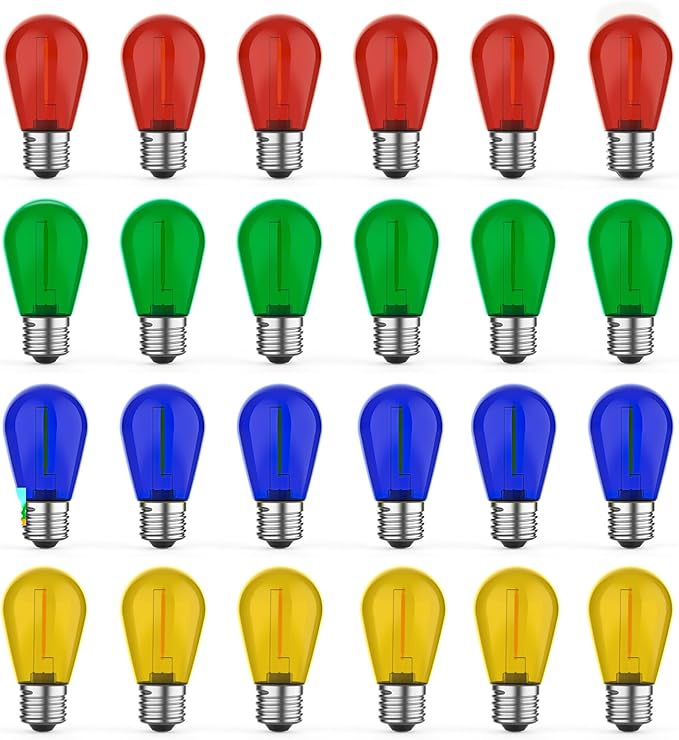 24 Pack S14 Colored LED String Light Bulbs, 1W Plastic Shatterproof Replacement Bulbs for Outdoor Patio Backyard Lights, E26 Medium Base, Warm White 2200K, Dimmable, Red/Green/Blue/Orange GvvooHome