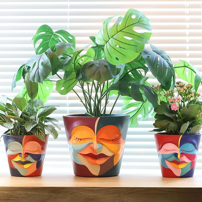 GUGUGO Face Planters Pots with Drainage, Abstract Gardening Pots for Indoor Plants, Unique Funny Small Succulent Pot for Plant Lover Gifts (Rainbow Colors - Mainly Green, 5.5Inch) GUGUGOHOMEDECOR