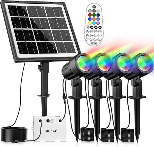 MEIHUA Solar Spot Lights Outdoor Color Changing, 4 in 1 Landscape Lighting RGB Spotlights with Remote Control, IP66 Waterproof Solar Lights Outdoor Garden for Pathway Yard Pool Tree MEIHUA
