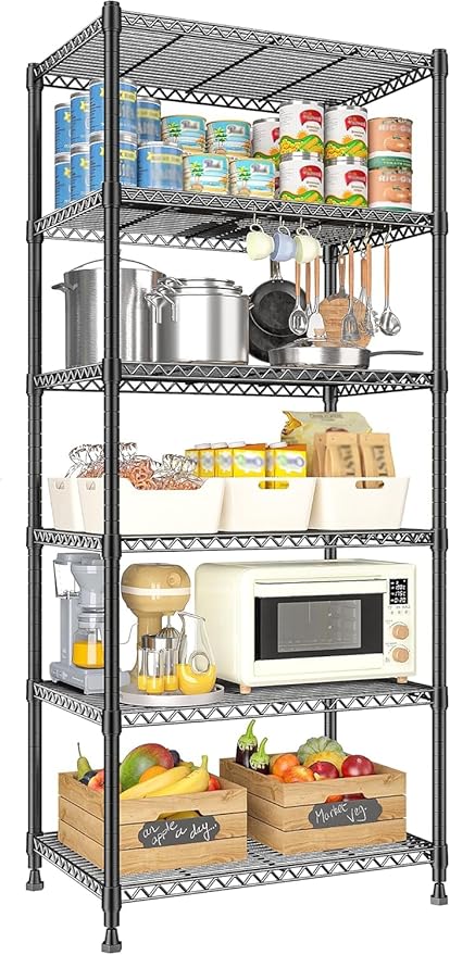 Xcity Storage Shelves, 6 Tier Heavy Duty Metal Shelving Unit, 2400 LBS Capacity Adjustable Steel Wire Shelf Organizer for Pantry, Kitchen, Garage, 14" D x 30" W x 70" H, Black Rootora