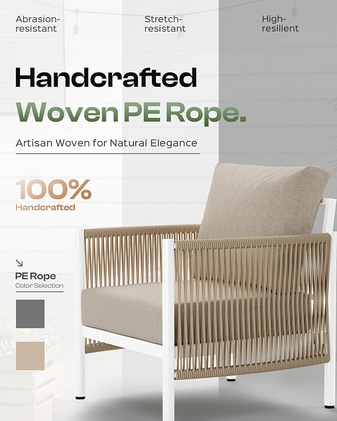 Aluminum Outdoor Sofa Armchair, HDPE Rope Patio Couch with Washable Thick Cushion, All-Weather Outdoor Patio Chairs Set of 2 for Balcony, Yard, White Frame, Ivory Oasbira
