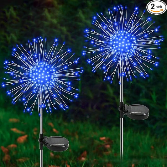 Solar Garden Lights Outdoor, 2 Pack 120 LED Twinkling Firework Lights Decorative with 2 Modes, Outdoor Waterproof Solar Starburst Light for Outside Yard Pathway Garden Decor, Blue Yaafen