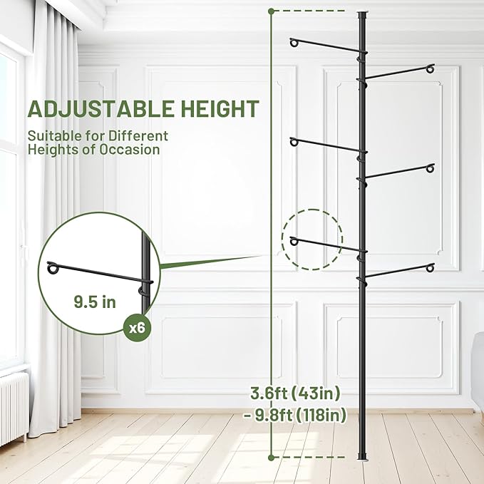 Tension Rod Plant Stand, Plant Poles for Hanging Plants Indoor, Metal Floor to Ceiling Hanging Plants Stand, Tension Pole Plant Stand with 6 Hooks (Fit 3.6-10ft) Zononoca