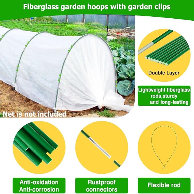 60pcs Garden Hoops for Raised Beds Wide, 8ft Greenhouse Hoops Grow Tunnel for Row Cover Netting, Adjustable Fiberglass Rust-Free Garden Bed Plant Hoops Support DIY Frame Stake for Outdoor, 40pcs Clips FuBegi