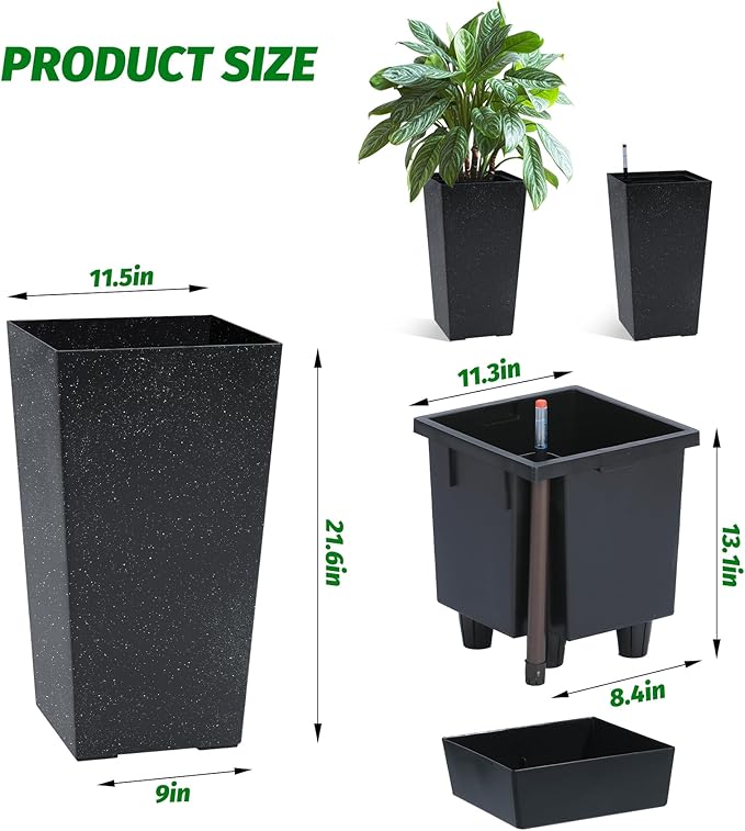 GarveeLife 22.5" Tall Planters Set of 2, Outdoor&Indoor Black Planter Pots, High Front Porch Planter Pots With Drainage Holes&Water Level Monitor&Inner Bucket, Automatic Watering, Black and White Dots GarveeLife