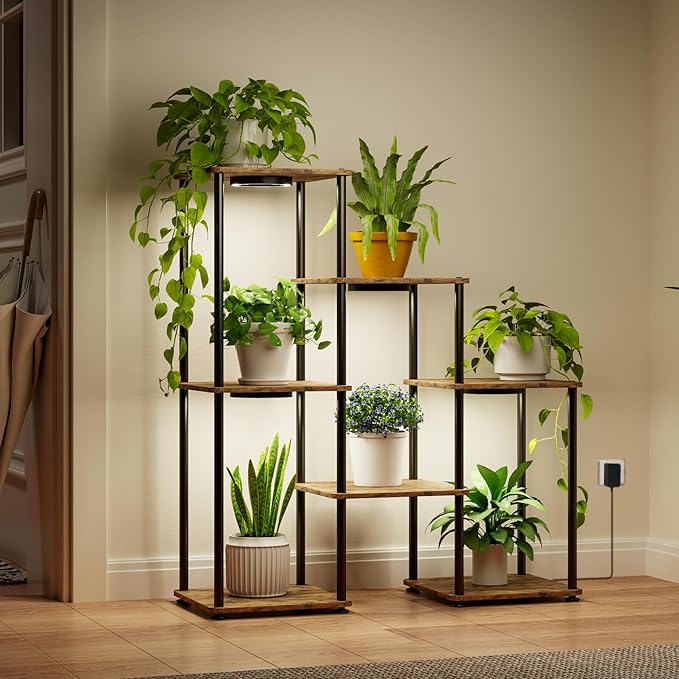 Bstrip Plant Stand Indoor with Grow Light, 33" High Indoor Plant Shelf, 7 Tier Flower Stand with Plant Light Full Spectrum, Metal Plant Holder with Light, laddered Plant Rack for Home, Corner Bstrip