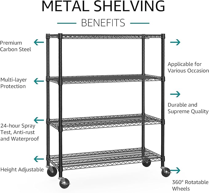 IZEUK Garage Shelving Wide Storage Shelves 4 Tier Metal Shelves 3200 LBS Heavy Duty Adjustable Utility Shelf Rack Black 23.6" D x 53.1" W x 73.6" H IZEUK