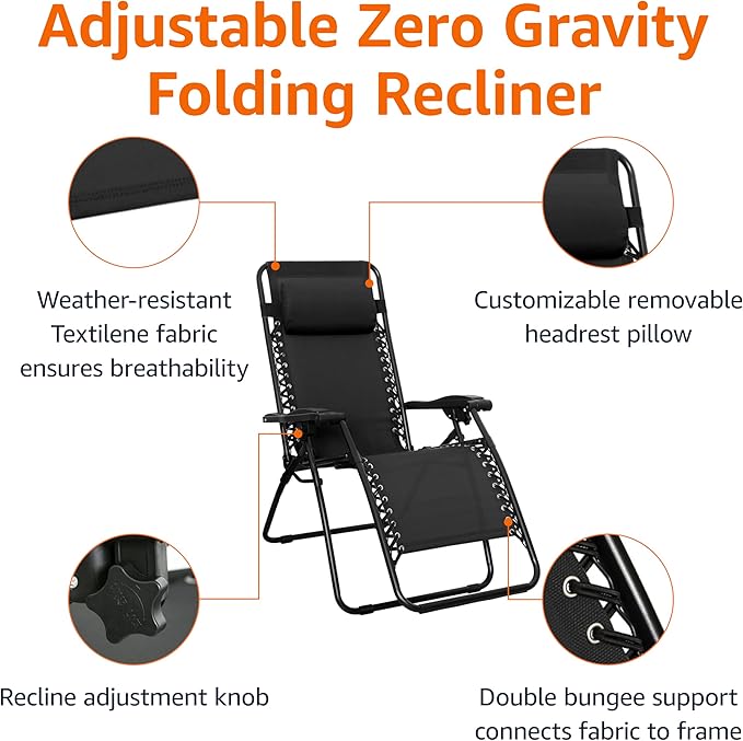 Amazon Basics Outdoor Patio Zero Gravity Portable Folding Reclining Lounge Chair with Padded Headrest Pillow, Weather Resistant Textilene, 26", Black AmazonBasics