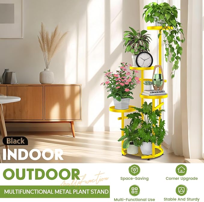 TOSKING 5 Tier Metal Plant Stand Indoor， Plant Shelf, Corner Shelf Flower Pot Stand for Outdoor Plant Stand for Living Room Balcony Garden Patio Bedroom (yellow, 38in) TOSKINGESSENCE