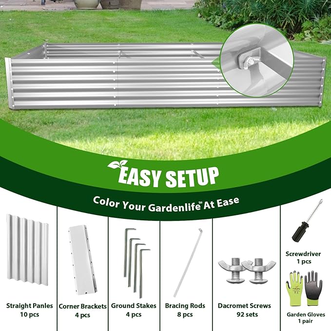 A ANLEOLIFE 8X4X1.5 ft Galvanized Raised Garden Bed, Rectangle Above Ground Modular Metal Planter Boxes Outdoor for Vegetables Flowers Herbs, Anti-Rust & Easy-Setup, Antique White AAnleolife