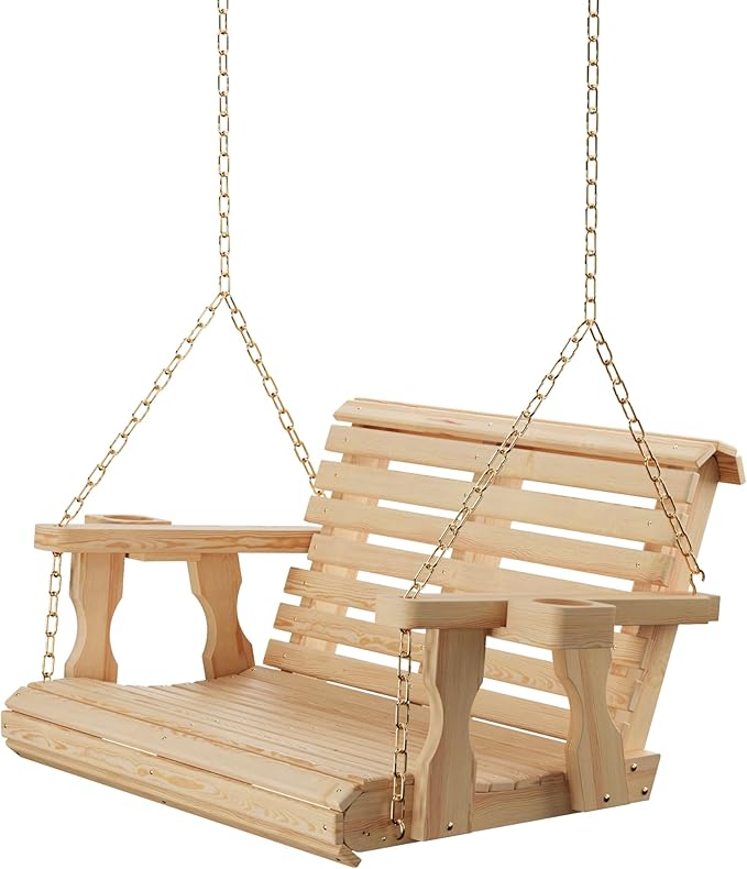 Amish Casual 3 Foot Roll Back Porch Swing with Cup Holders in Unfinished - Amish Made in The USA from Treated Pine Heavy Duty 700 Lb. Weight Capacity AmishCasual