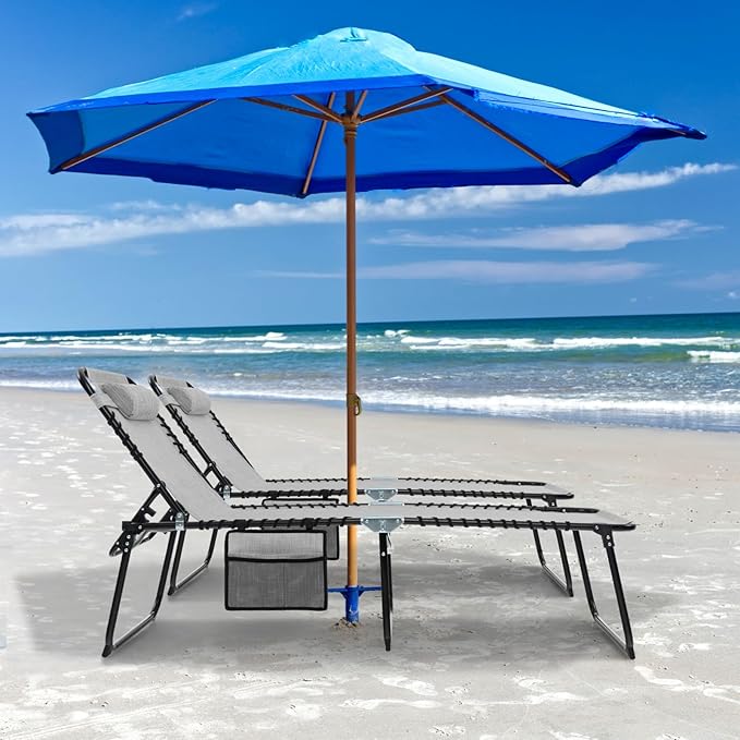 GYMAX Lounge Chairs for Outside, Extra High Folding Beach Tanning Lounger with Adjustable Backrest, Footrest & Removable Pillow, Sunbathing Lounge for Patio, Poolside (1, Grey with Pocket) GYMAX