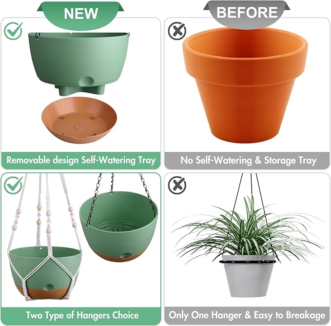 Set of 2-10 Inch Hanging Planters for Indoor Plants with Self-Watering Includes Hanging Pots for Plants, Outdoor Hanging Plant Pot with Drainage, and 2 Types of Baskets Hangers (Green, 10inch) Montresor