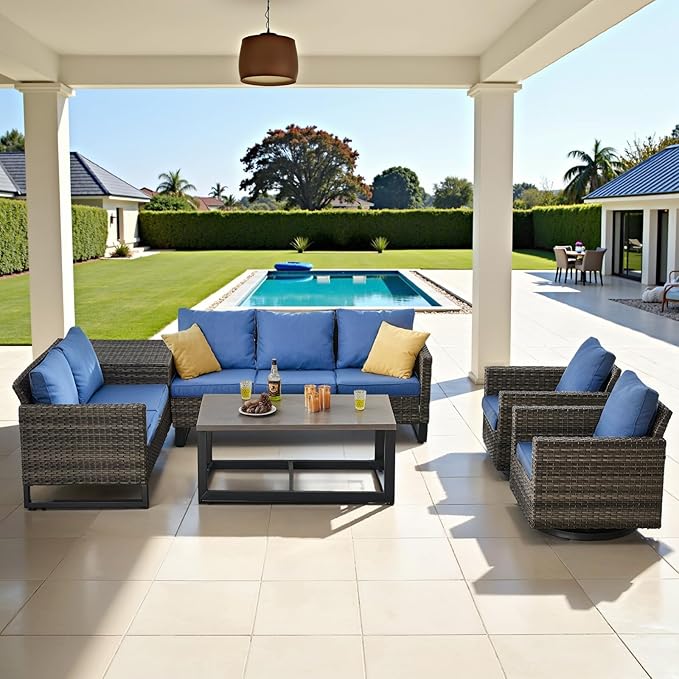 Belord Family Reunion Patio Conversation Set - 6 Piece Outdoor Sectional Furniture Set with Storage Box and Wicker Swivel Glider Chair Set of 2,Removable Blue Cushions for Deck Backyard Sunroom Belord