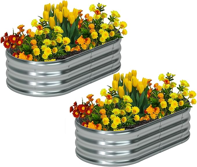 zizin 2 Pack Galvanized Raised Garden Bed Metal Oval Raised Garden Beds Outdoor Planter Box for Vegetables (4x2x1FT, Silver) zizin
